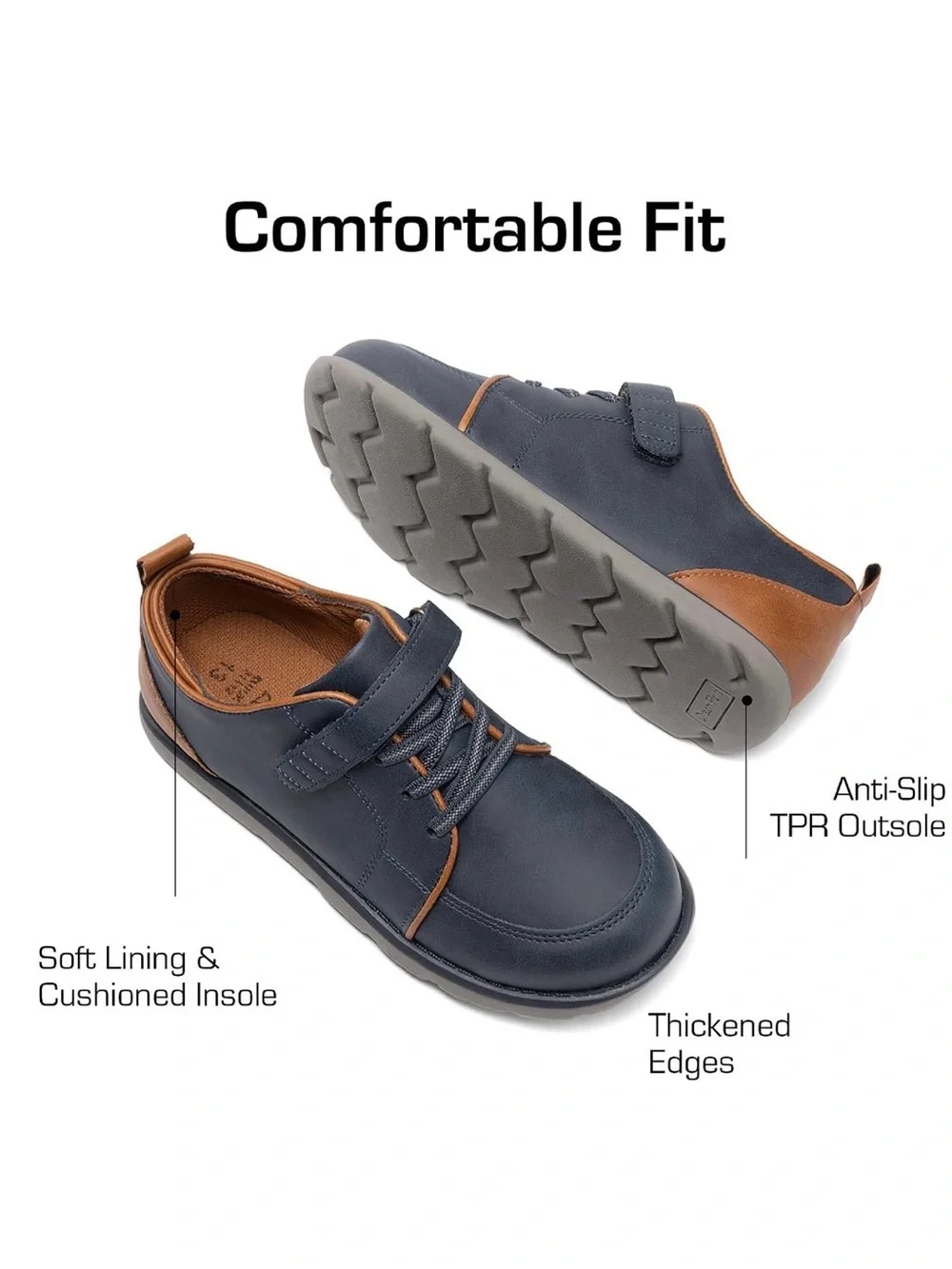 Dream Pairs Navy and Brown Kids Dress Shoe with Hook-and-Loop Strap